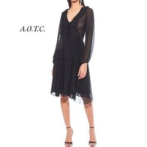 A.O.T.C. Black Ruffle V Neck Long Sleeve A-Line Dress NWT Size 0